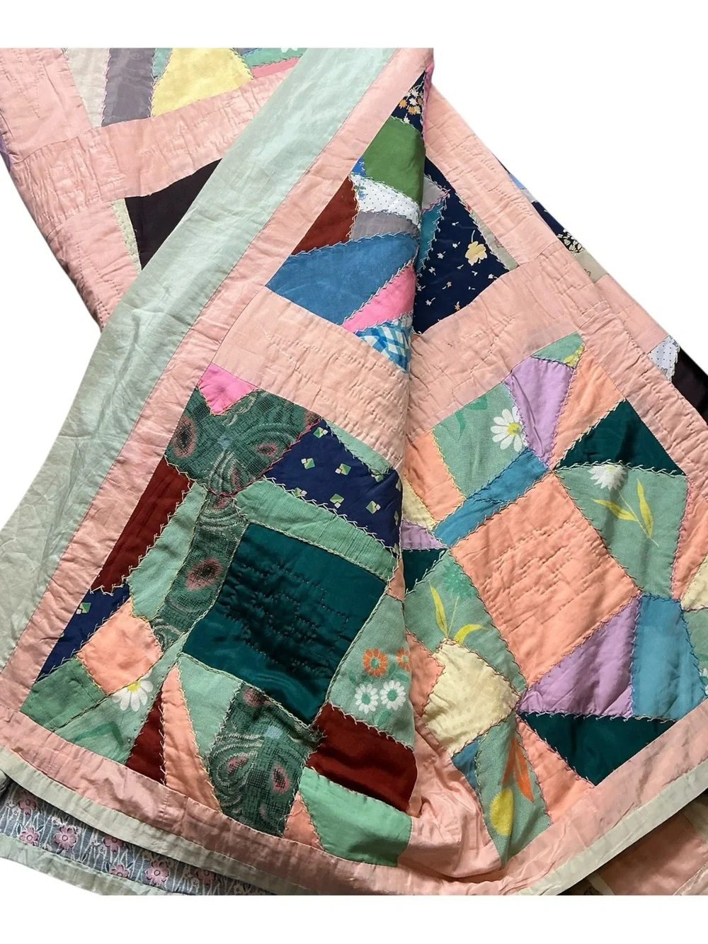 Vintage hand stitched 1930s patchwork crazy quilt 72 x 85 USA made